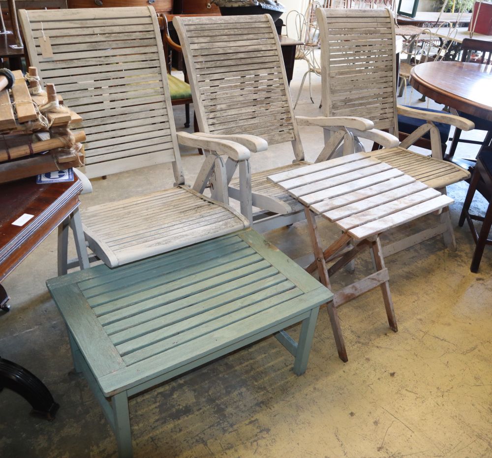 Three teak folding garden chairs and a folding table and side table